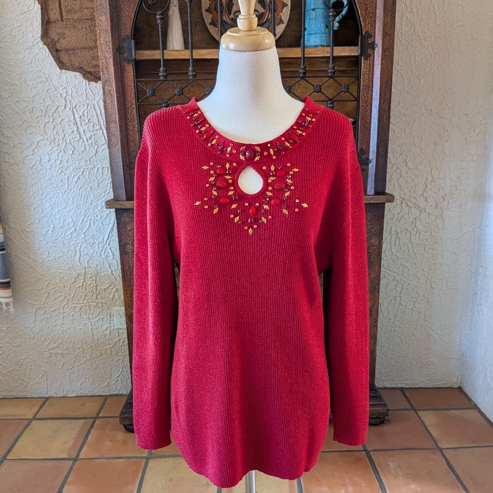 Reba Woman Deep Red Embellished Metallic Knit Tunic  Sweater 3X